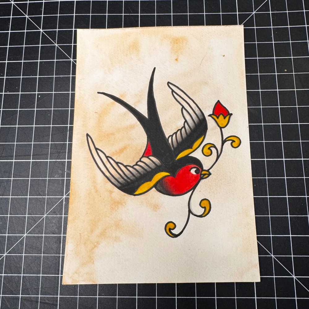 Traditional Tattoo Flash Art Swallow Bird and Rose‎ Handmade Acrylic Painting
